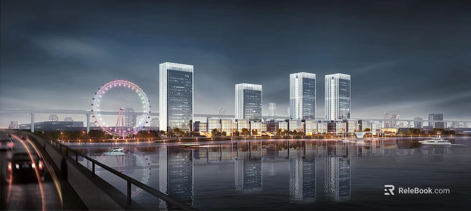 Modern High Rise Hotel Building With Night View Waterfront Glass Facade And Reflections 3d model 