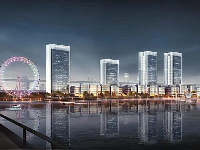 Modern High Rise Hotel Building With Night View Waterfront Glass Facade And Reflections 3d model