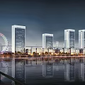 Modern High Rise Hotel Building With Night View Waterfront Glass Facade And Reflections