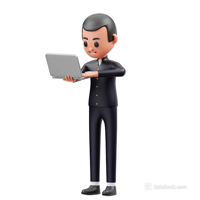 Man In Black Clothing Holding Laptop Computer Standing Casually Isolated 3d model 