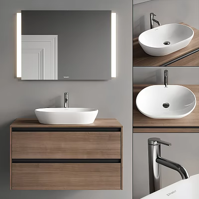 Modern Bathroom Vanity Cabinet With Wooden Frame Above Counter Basin Lighted Mirror And Faucet 3d model