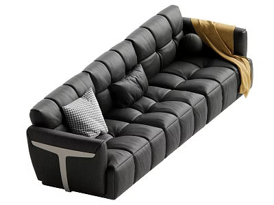 Modern Black Leather Large Sofa With Plaid Pillow Yellow Blanket And Metal Legs 3d model
