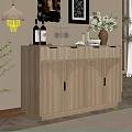 Wooden Sideboard With Scalloped Doors Decorative Top Wine Bottles Glass Holder And Flower Vase