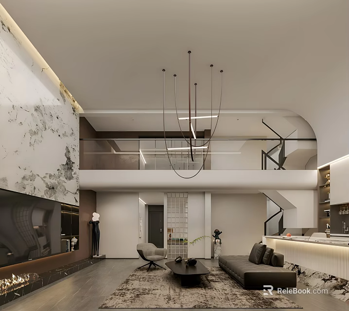 Modern Open Living And Dining Room Interior With Chandelier Sofa And Marble Wall 3d model 
