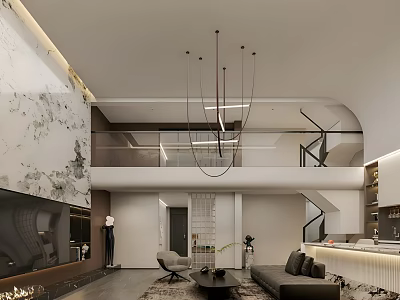 Modern Open Living And Dining Room Interior With Chandelier Sofa And Marble Wall 3d model