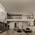 Modern Open Living And Dining Room Interior With Chandelier Sofa And Marble Wall