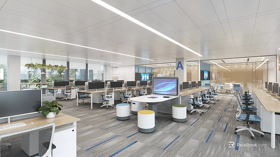 Modern Office Interior With Open Layout Desks Computers Chairs Plants Blue Lines And Ceiling Lights 3d model