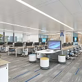 Modern Office Interior With Open Layout Desks Computers Chairs Plants Blue Lines And Ceiling Lights 3d model
