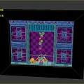 Colorful Frame Scene Featuring Yellow Character Floating Colorful Dots Purple Blue Architecture And Pink Checkerboard