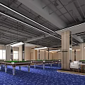 Spacious Modern Billiard Room With Multiple Pool Tables Hanging Lights And Comfortable Seating Areas 3d model