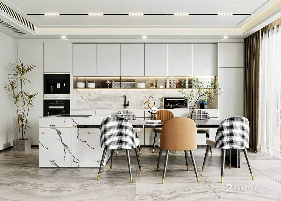Modern Restaurant Interior With Marble Dining Table Checkered Brown Chairs And Cabinets 3d model