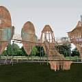 Wooden Houses Egg Shaped Design Connected By Stairs And Platforms Surrounded By Grass And Trees