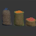Three Burlap Sacks Two Open One Closed Filled With Yellow Food Grains On Dark Surface