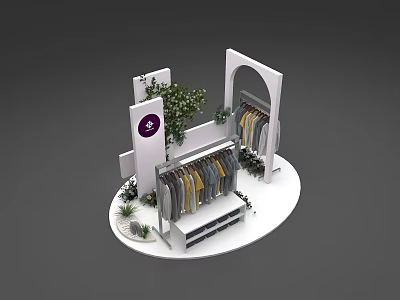 Stylish Window Display with White Racks Hanging Clothes Green Plants and Brand Logo 3d model