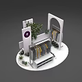 Stylish Window Display with White Racks Hanging Clothes Green Plants and Brand Logo