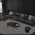 Modern Living Leather Sofa And Coffee Table Set With Gray Pillows Ottoman And Floor-to-Ceiling Window