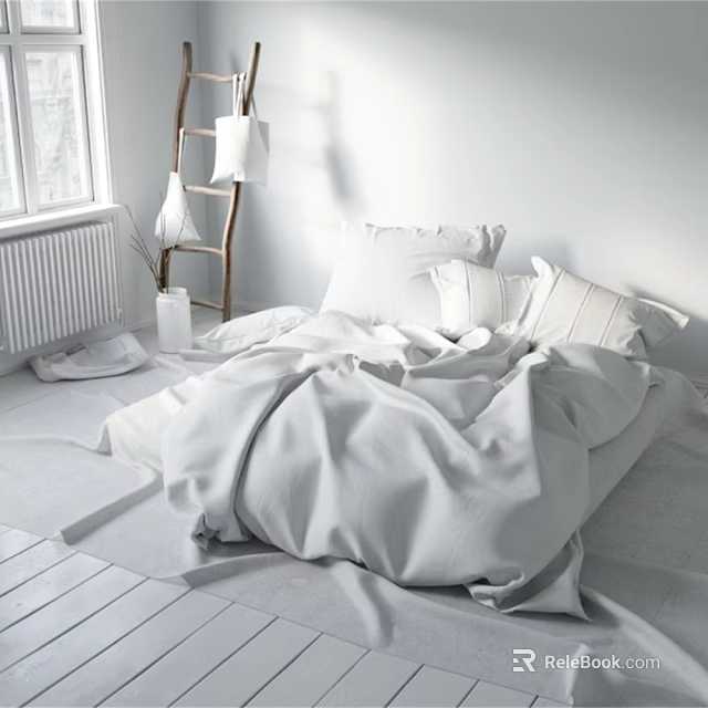 Modern Bedroom Interior With White Bed Pillows Ladder Vase And Window 3d model 