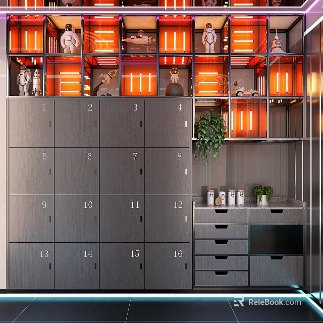 Numbered Storage Cabinets With Orange Lighting Green Plant And Side Drawers Containers 3d model 