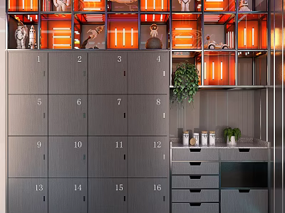 Numbered Storage Cabinets With Orange Lighting Green Plant And Side Drawers Containers 3d model