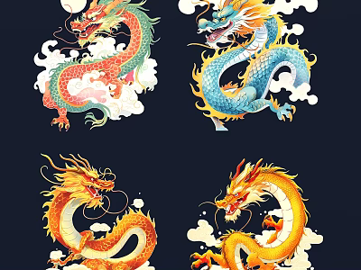 National Tide Dragon Year Zodiac Dragon Element Dragon Golden Dragon Paper-cut Sticker Illustration Pattern 3d model