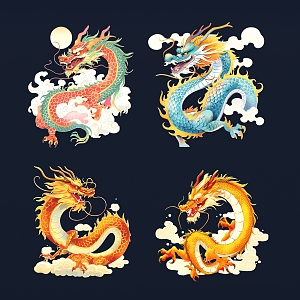 National Tide Dragon Year Zodiac Dragon Element Dragon Golden Dragon Paper-cut Sticker Illustration Pattern 3d model