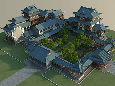 Traditional Chinese Ancient Architecture With Curved Roofs Wooden Structures And Courtyard Greenery 3d model