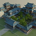 Traditional Chinese Ancient Architecture With Curved Roofs Wooden Structures And Courtyard Greenery