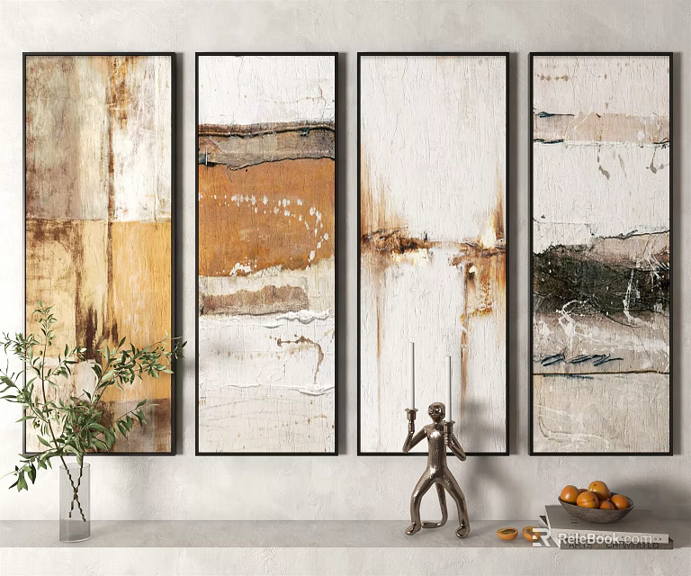 Modern Abstract Wall Art Paintings With Sculpture Green Plant And Decorative Elements 3d model 