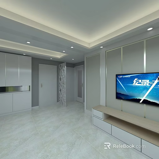 Modern Living Room Interior Design With White Cabinets TV Wall Ceiling Lighting And Light Floor 3d model 