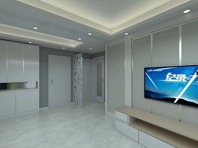 Modern Living Room Interior Design With White Cabinets TV Wall Ceiling Lighting And Light Floor 3d model