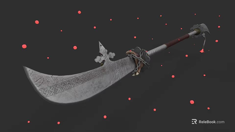 Ancient Decorative Weapon With Intricate Carvings Wooden Handle And Chain Details On Red Dotted Background 3d model 