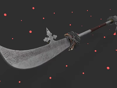 Ancient Decorative Weapon With Intricate Carvings Wooden Handle And Chain Details On Red Dotted Background 3d model