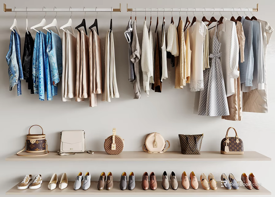 Stylish Hanging Clothes in Various Styles with Matching Bags and Shoes on 3d model 