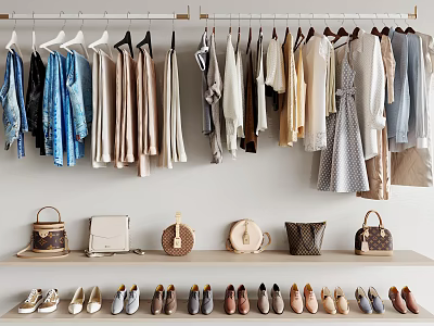 Stylish Hanging Clothes in Various Styles with Matching Bags and Shoes on 3d model