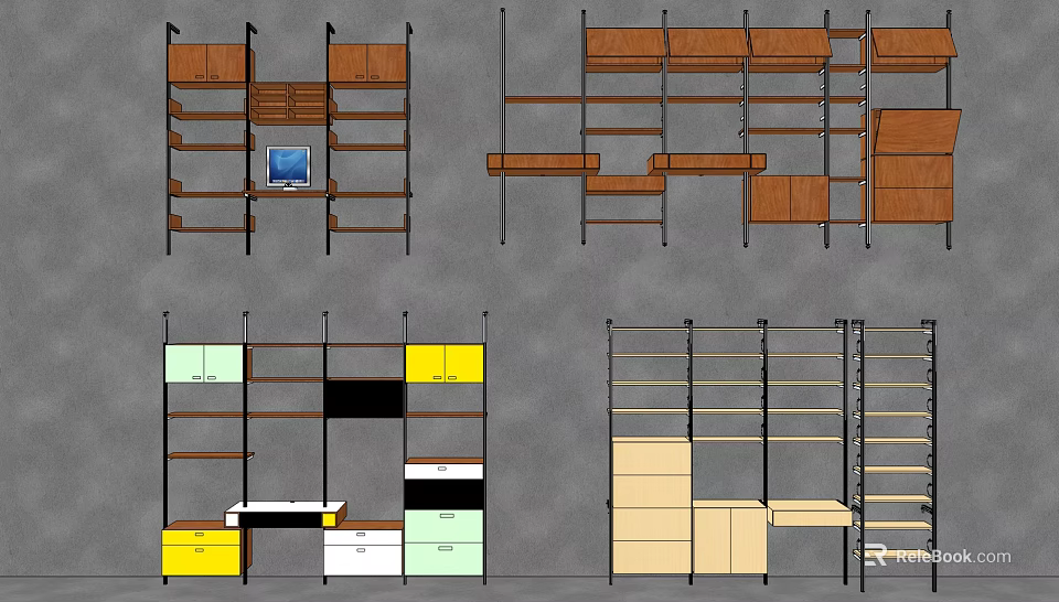 Versatile Shelving Units With Multiple Configurations Wooden Frames And Colorful Drawers 3d model