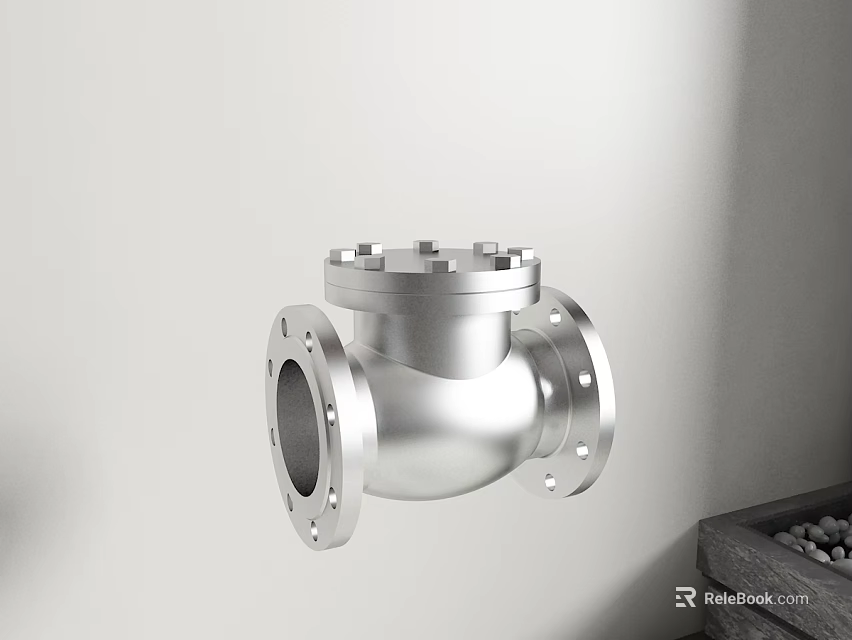 Silver Metal Valve With Flange Connections Against White Wall And Wooden Box With Pebbles 3d model 