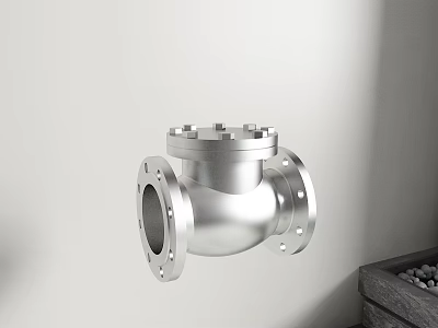 Silver Metal Valve With Flange Connections Against White Wall And Wooden Box With Pebbles 3d model
