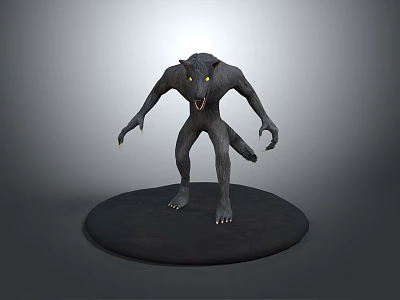 Gray Werewolf Game Movie Character With Yellow Eyes Open Mouth Sharp Claws And Muscular Build 3d model