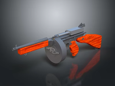 Vintage Submachine Gun With Wooden Stock Grip Metal Barrel And Drum Magazine 3d model