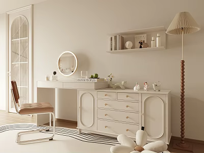 Stylish White Dressing Table With Drawers Mirror Chair And Decorative Storage Shelf 3d model
