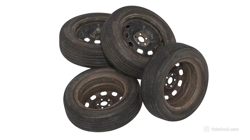 Old Used Car Tires Stacked In A Pile On White 3d model 