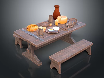 Rustic Wooden Table And Bench With Fresh Bread Cheese Eggs Mugs Bowls And Clay Vase 3d model