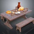 Rustic Wooden Table And Bench With Fresh Bread Cheese Eggs Mugs Bowls And Clay Vase