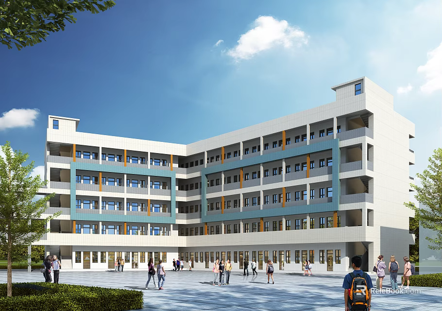 Multi Storey Classroom Building With White And Blue Exterior Windows Trees And Students Outdoor Area 3d model 