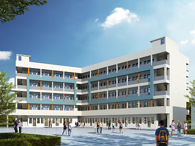 Multi Storey Classroom Building With White And Blue Exterior Windows Trees And Students Outdoor Area 3d model
