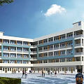 Multi Storey Classroom Building With White And Blue Exterior Windows Trees And Students Outdoor Area