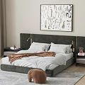 Cozy Double Bed with Soft Bedding Dark Green Headboard Abstract Painting and Elephant Plush Toy