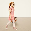 Little Girl In Pink Striped Dress Holding Brown Plush Toy Walking On Beige Floor