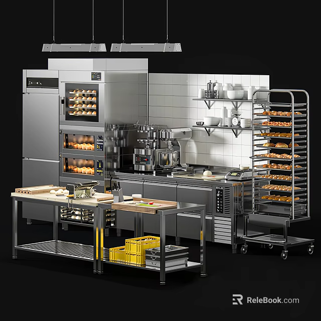Stainless Steel Commercial Kitchen Cooking Equipment With Ovens Baking Racks Worktables And Trays 3d model 