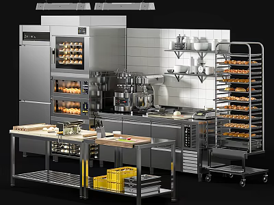 Stainless Steel Commercial Kitchen Cooking Equipment With Ovens Baking Racks Worktables And Trays 3d model